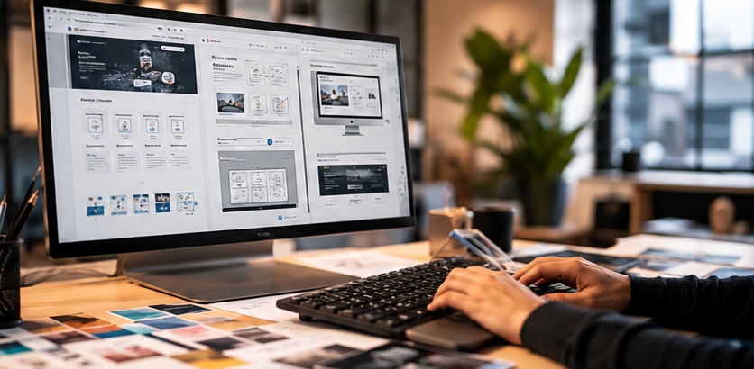 Postazione di progettazione digitale con monitor e tastiera